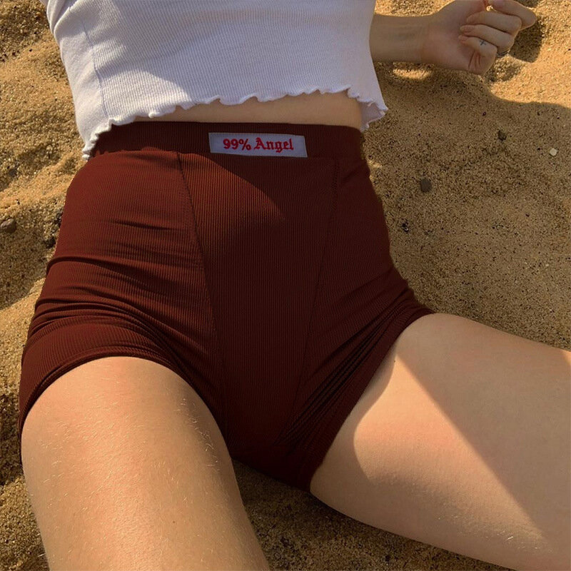 Pantalones cortos de motorista con bordado de letras para mujer, Shorts de cintura alta, informales, color blanco, Verano