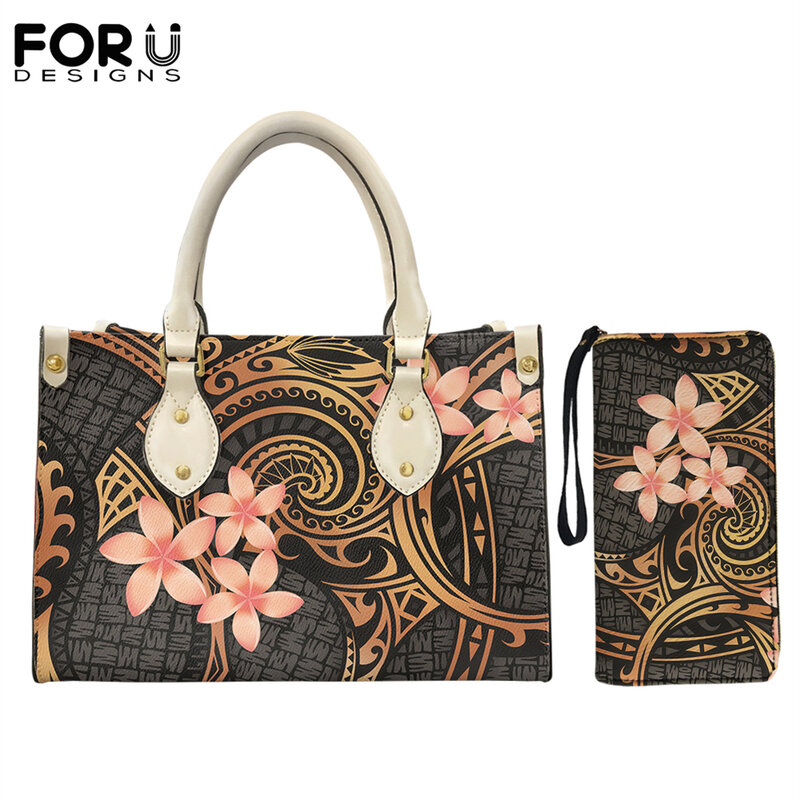 FORUDESIGNS Pu Leather Women Handbags 2pcs Set Golden Polynesian Plumeria Print Vintage Large Capacity Lady Tote Bags Casual Sac