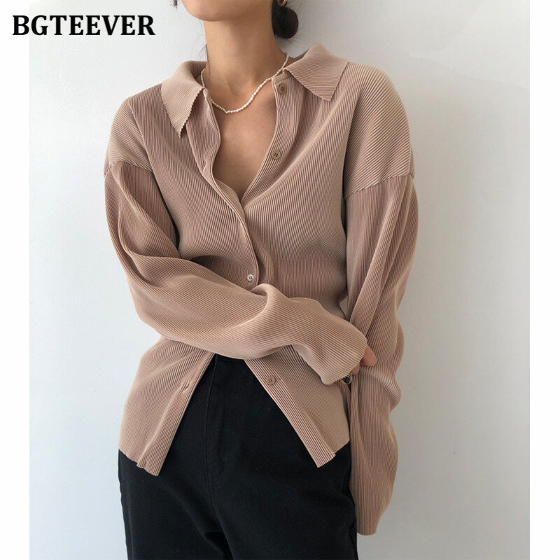 BGTEEVER Stylish Loose Long Sleeve Female Shirts Blouses 2021 Summer Retro Turn-down Collar Women Shirts Tops Blusas Femme