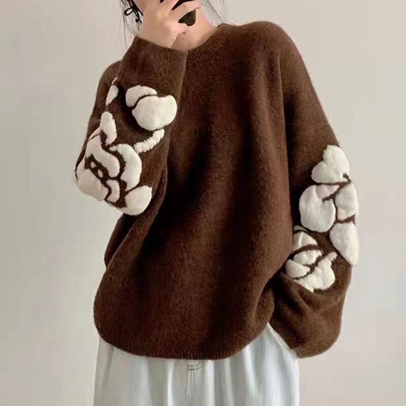 Женский пуловер с тиснением и цветочной вышивкой, в стиле ретро