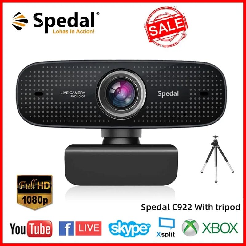 Spedal-webcam c922 full hd com tripé, redução de ruído, microfone embutido, câmera de streaming para computador, laptop