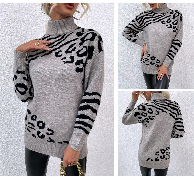 Wysokiej jakości Leopard dzianinowy sweter sukienki golf Casual swetry damskie sukienka na zimę