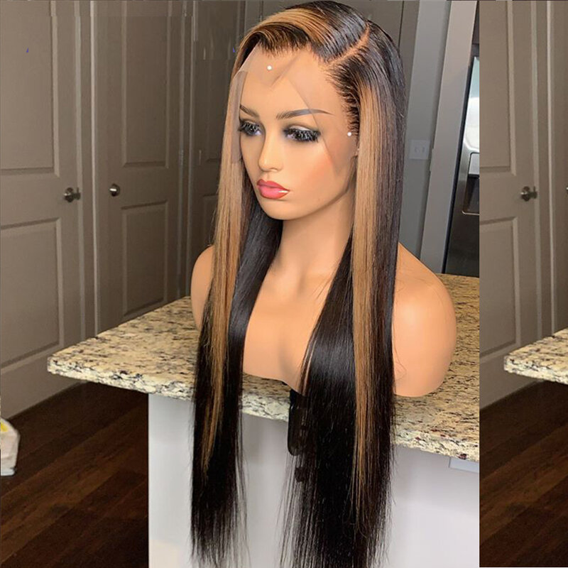 Remy Ombre Silky Straight Jet Black HighLight 13x6 Lace Font Wig For Black Women Long Pre-Plucked Glueless Wigs For Black Women