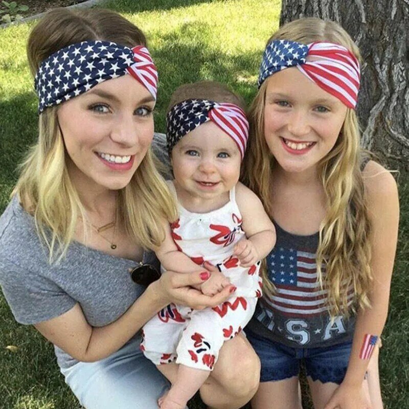 Faixa turbante para mamãe e bebê, conjunto com faixa de bandana, bandeira americana patriótica, para crianças e bebês