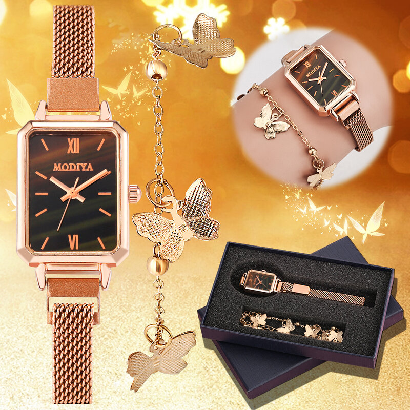 여성용 스퀘어 쿼츠 시계 팔찌 세트, 심플한 로즈 골드 메쉬, 럭셔리 여성용 시계, 그린 다이얼, 패션