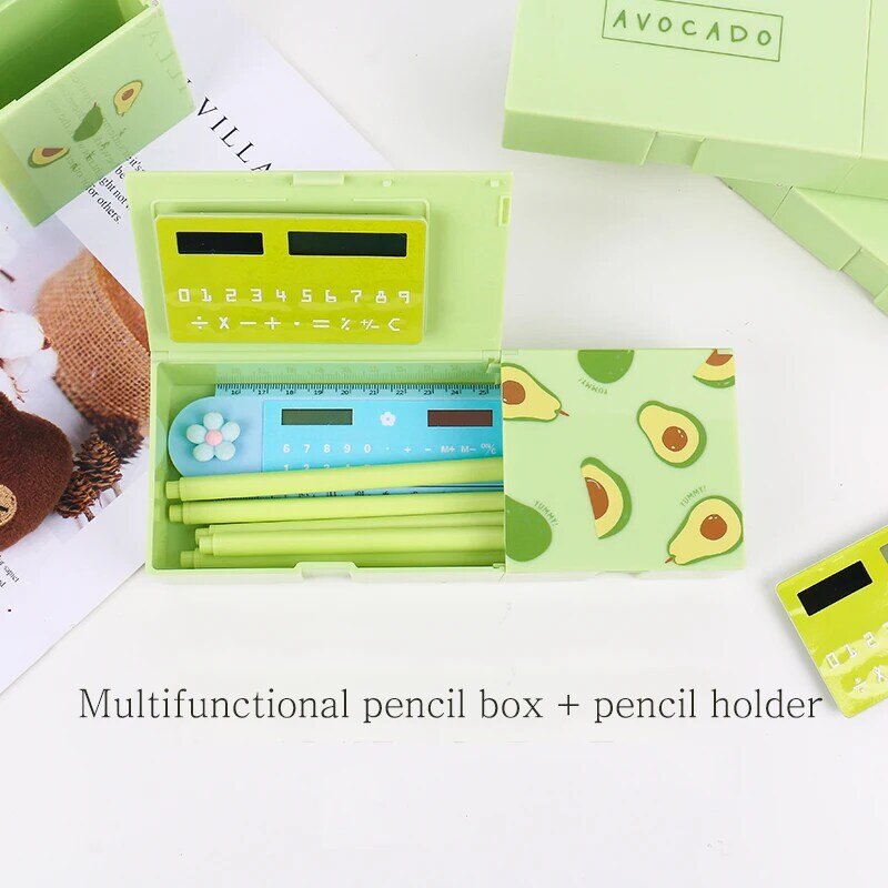 Caixa de papelaria 4 em 1 multi-função grande capacidade caixa de lápis titular escola suprimentos com calculadora e espelho caso de lápis
