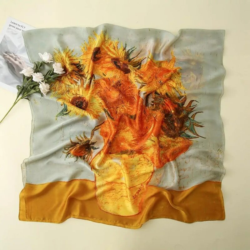Pola Mewah Pesta Bunga Matahari Lukisan Syal Wanita Syal Selendang Syal Leher Syal Perempuan Unik Syal Wraps