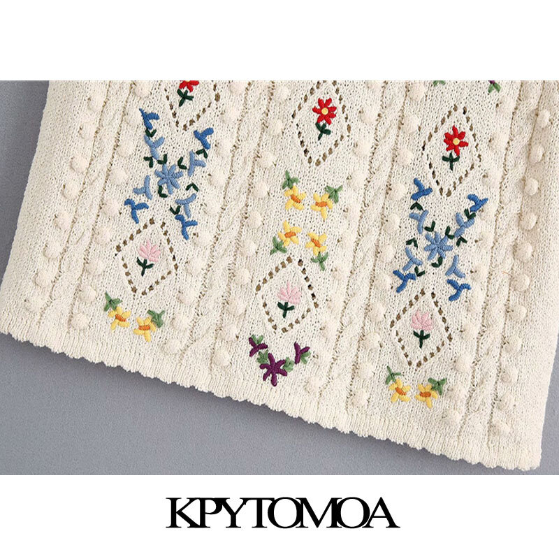KPYTOMOA – pull tricoté à manches courtes et col rond pour femme, haut court et Chic avec broderie florale, Vintage, à la mode, 2020