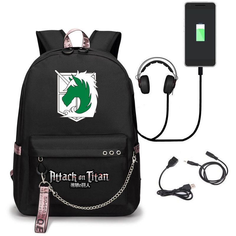 Mochila de ataque a los Titanes Unisex, bolsa de viaje para adolescentes, de Eren, Shingeki No Kyojin, con carga USB