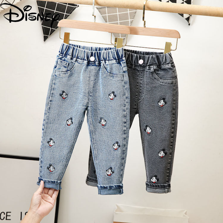 Модные трендовые удобные эластичные джинсы Disney, простые милые детские эластичные брюки с мультяшным принтом Микки Мауса
