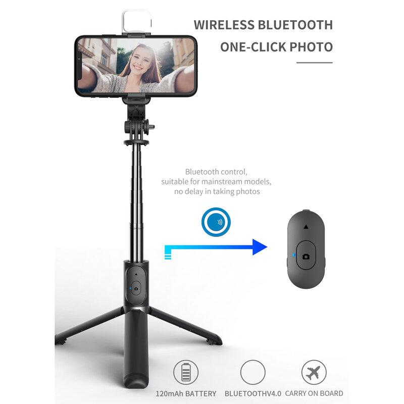 Selfie Stick 3 w 1 bezprzewodowy kijek do Selfie Bluetooth składany Mini statyw z wypełnieniem światła migawki zdalnego sterowania dla Ios Android