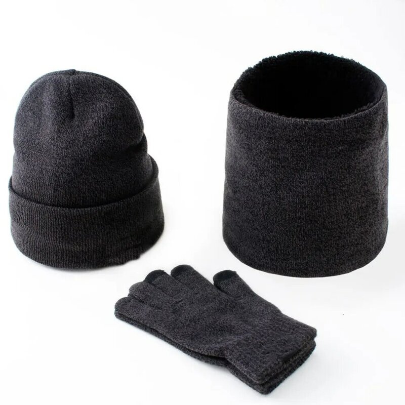 冬暖かいニットビーニーキャップ帽子ループスカーフネックウォーマーセットタッチスクリーン手袋男性女性の冬のアクセサリー3個