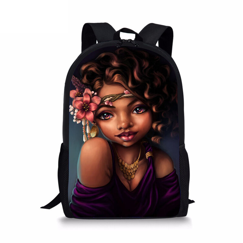Mode Ransel Hitam Afrika Afro Perempuan Pola 16-Inch Tas Sekolah Kawaii Gadis Desainer Anak-anak Tas Buku