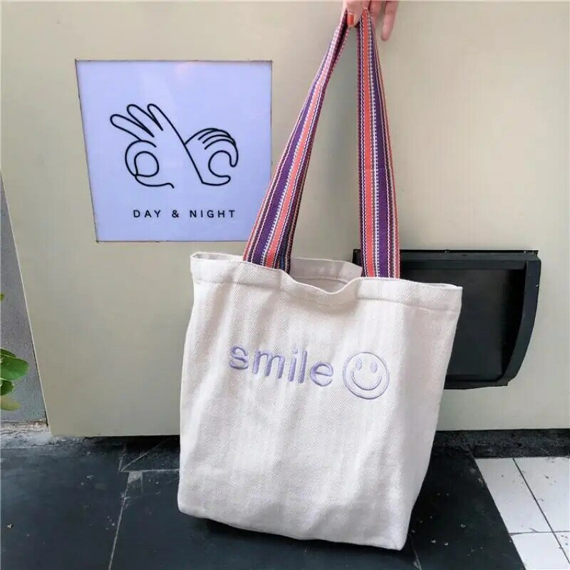 Женские холщовые сумки для покупок с вышивкой Smile, роскошные дизайнерские модные вместительные сумки на плечо, 2021