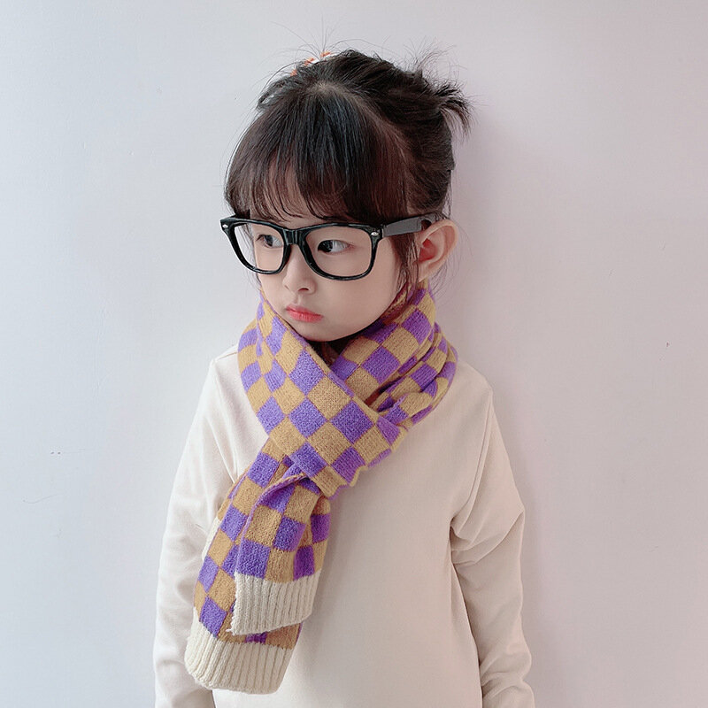 子供のためのチェック柄のニットスカーフ,韓国のファッション,厚くて暖かいウールのショール,パッチワーク,男の子と女の子のための