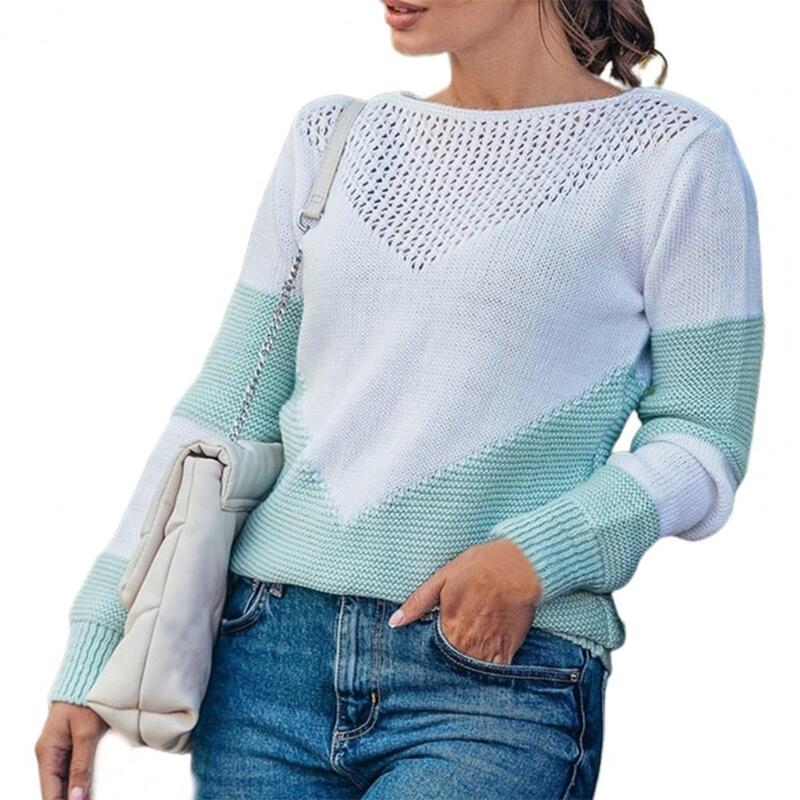 Top Women's Sweater Contrast Color Patchwork Autumn Winter Hollow Out Plain Weave Knitted Top Pullover for Daily Wear