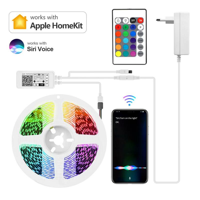 Homekit-fita de led colorida siri, fita flexível, controle por voz, wi-fi, rgb 5050, 12v, 1m-15m, aplicativo apple home
