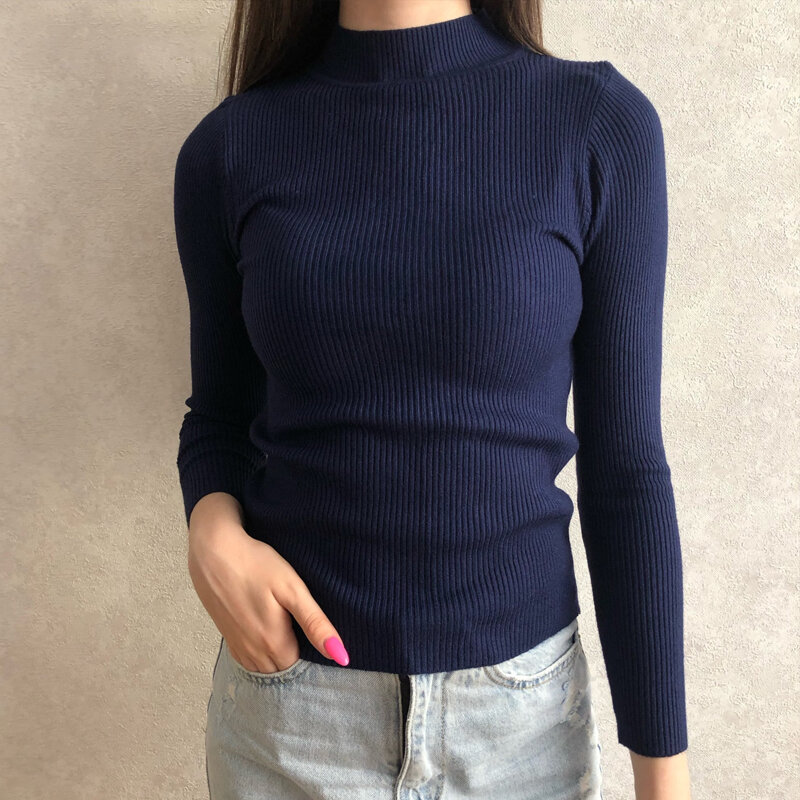 Sweater Wanita Musim Gugur Musim Dingin Dasar Turtleneck Sweater Rajutan Bawah Hangat Pullover Wanita Mode Baju Bergaris Solid