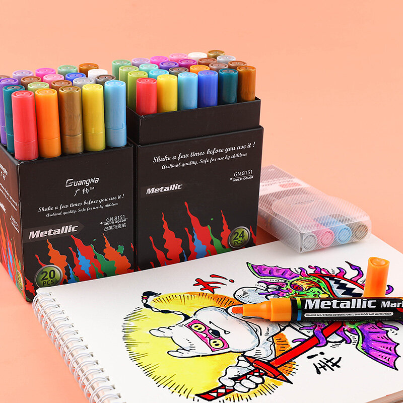 Gn 24 cores metálico marcador canetas para pintura de rocha ponto médio marcadores de cor metálicos para scrapbooking plástico de vidro cerâmico