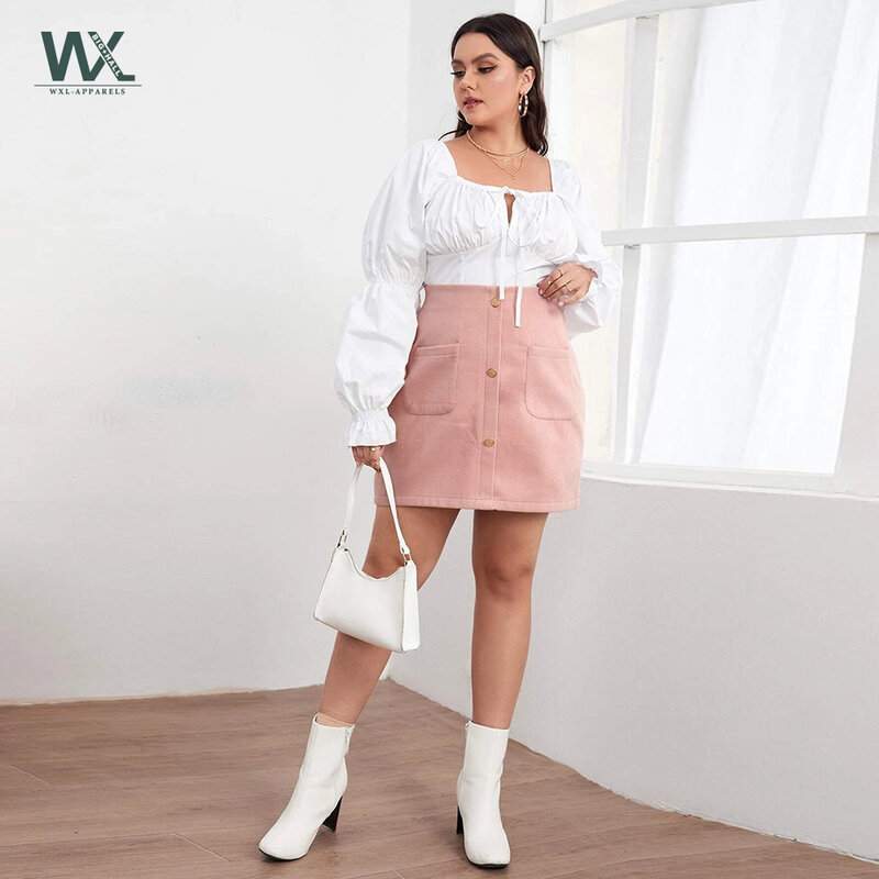 Plus size High Waist Dual Pocket Single Breasted Wool-Mix Skirt Women Knee Streetwear Casual Pocket Straight Skirt Autumn 2021