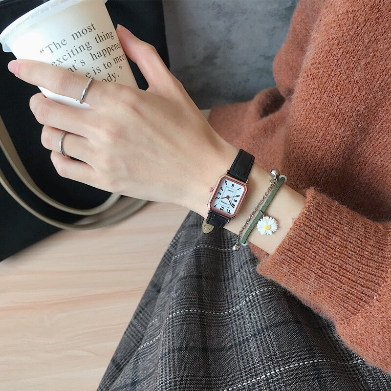 Ulzzang-relojes de moda para mujer, reloj de pulsera de cuero Vintage marrón con esfera de número Simple, rectangular