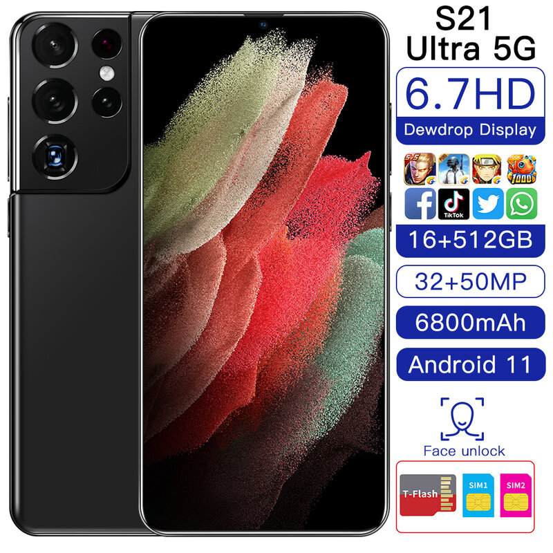 Смартфоны S21Ultra 5G 6,7 дюймов Andriod11 16 Гб Оперативная память 512 ГБ Встроенная память MTK6889 с двумя сим-картами 4 аппарат не привязан к оператору сот...
