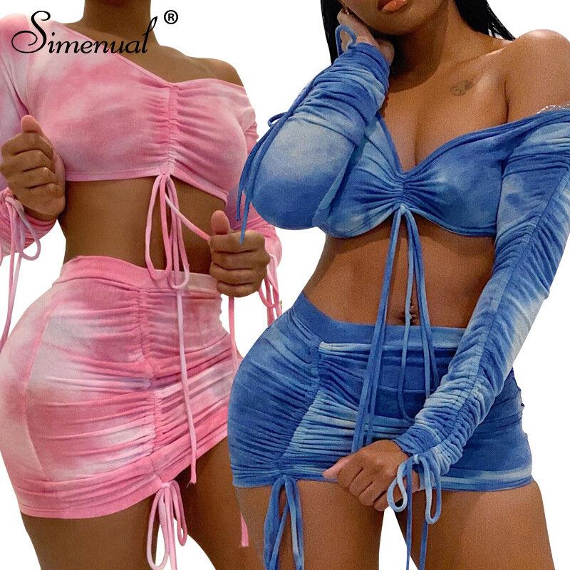 Simenual Tie Dye Print Trekkoord Sexy Co-Ord Sets Vrouwen Lange Mouwen Ruches Sexy 2 Stuk Outfits Club Bodycon top En Rok Set