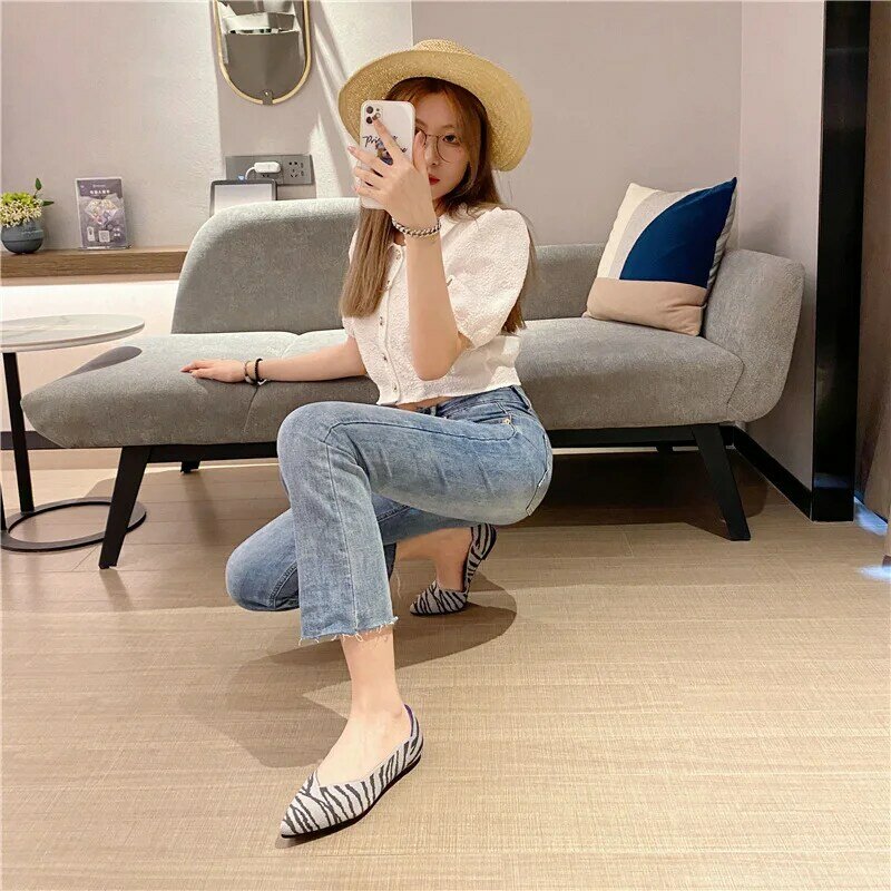 2021 Women's Flat Shoes Woman Knit Pointed Ballet Mixed Color Soft Pregnant Zapatos De Chaussure Femme Zapatillas Mujer Moccasin
