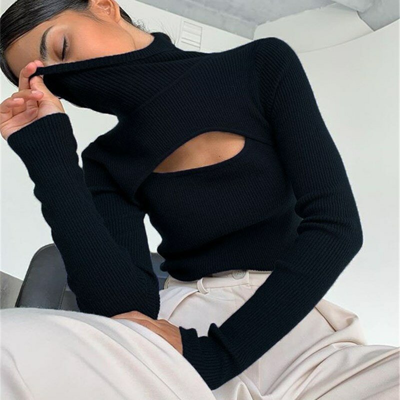 Tubinho kintted gola alta manga longa camisola feminina senhoras outono inverno sexy oco para fora aberto-chested pullovers suéteres 2021