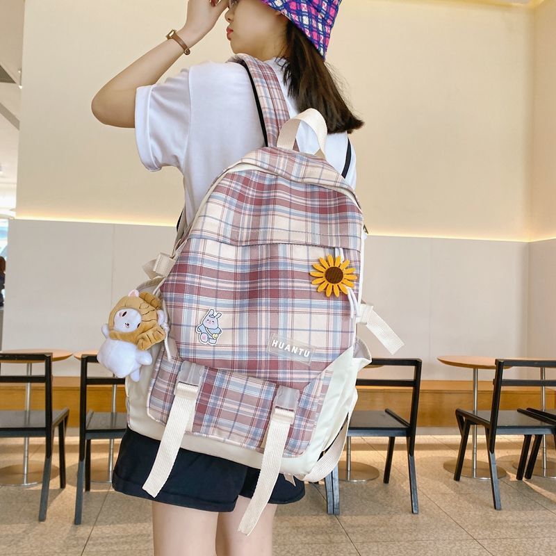 Student School Bags for Teenage Girls Nylon Fashion Plaid Backpack Women High Schoolbag Large Casual Bookbag 2021 New