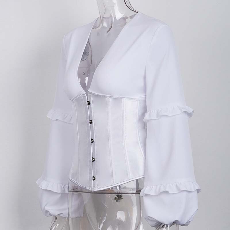 Женская рубашка-корсет с рукавами-фонариками и рюшами, с v-образным вырезом и открытой спиной, весна 2020