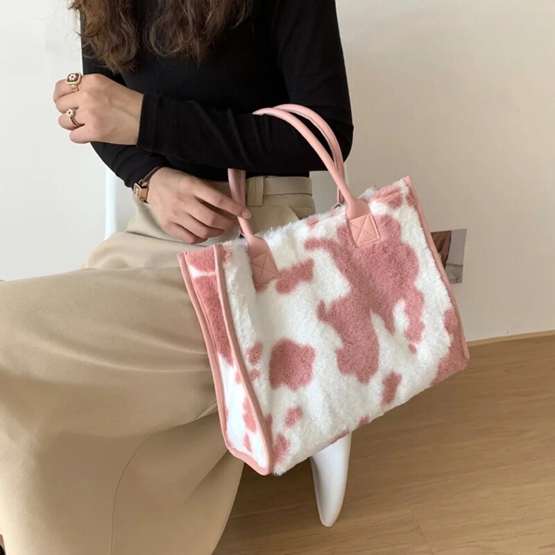 Top-torby z uchwytami Retro krowa wzór w cętki PU skóra pluszowa konstrukcja jesień zima moda małe kobiety małe torebki