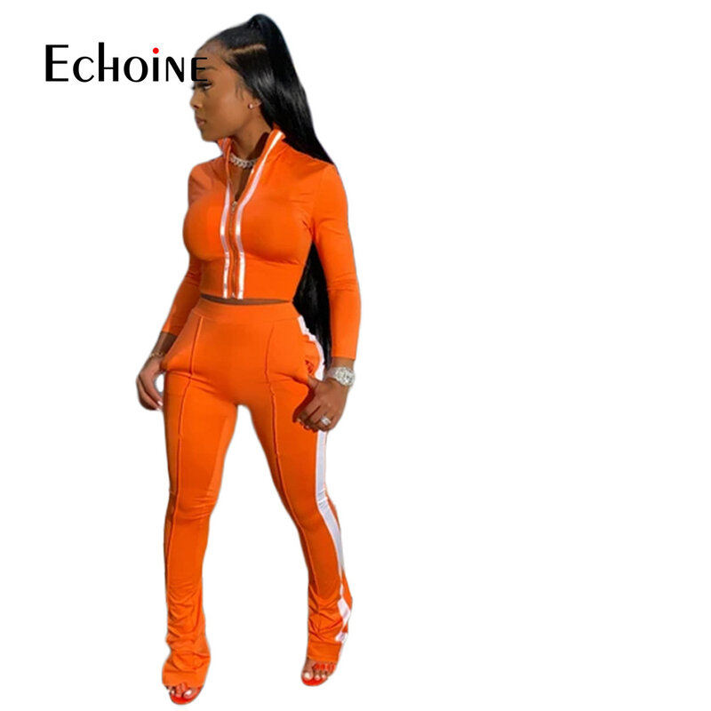 Echoine Pakaian Olahraga Set Dua Potong Sambungan Wanita Atasan Crop dan Celana Setelan Keringat Pakaian Santai Set 2 Potong