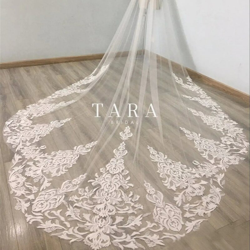 300cm Long Bridal Veils Lace Appliques Soft Tulle 1 Tier Wedding Veil with Comb Ivory White Custom Made Wedding Accessories