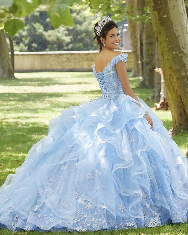 Robe princesse Quinceanera en dentelle bleu ciel pour filles, épaules  dénudées, grande taille, perlée, robes de bal pour fête d'anniversaire, 2023