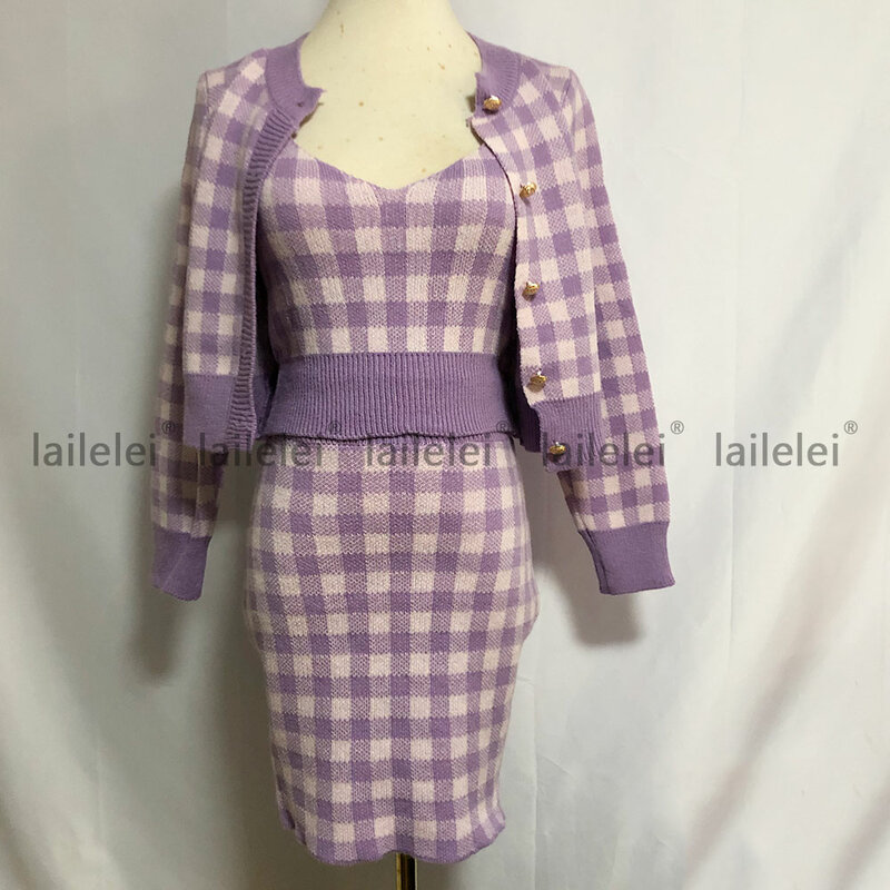 2 peça conjunto de saia topo colheita conjuntos de malha feminina xadrez cardigan curto + mini saia cintura alta peça robe pull femme 2021 primavera outono 3