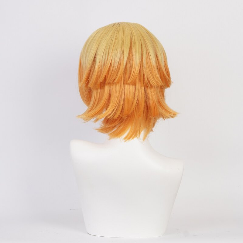 Anime Demon Slayer: Kimetsu no Yaiba Zenitsu Agatsuma Short Golden Brown Wig Heat Resistant Hair Cosplay Costume Wig + Wig Cap
