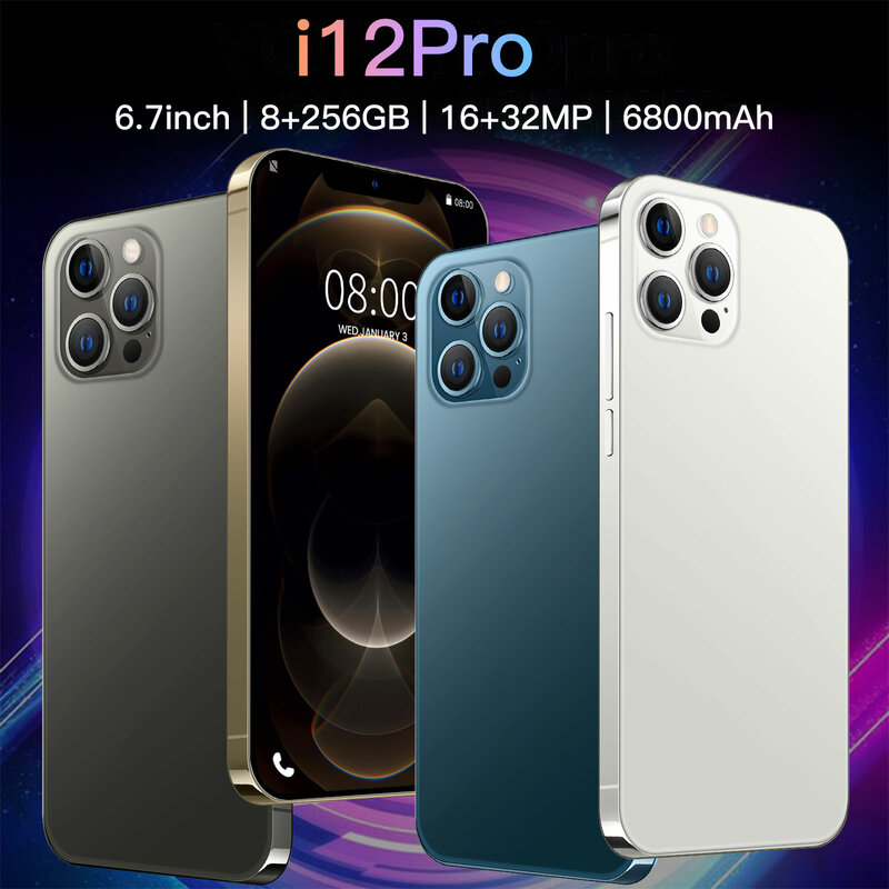 Telefone i12 pro 6.7 ”versão global, smartphone dual sim android 10 snapdragon888 12gb ram 512gb rom32mp 6800mah telefone celular