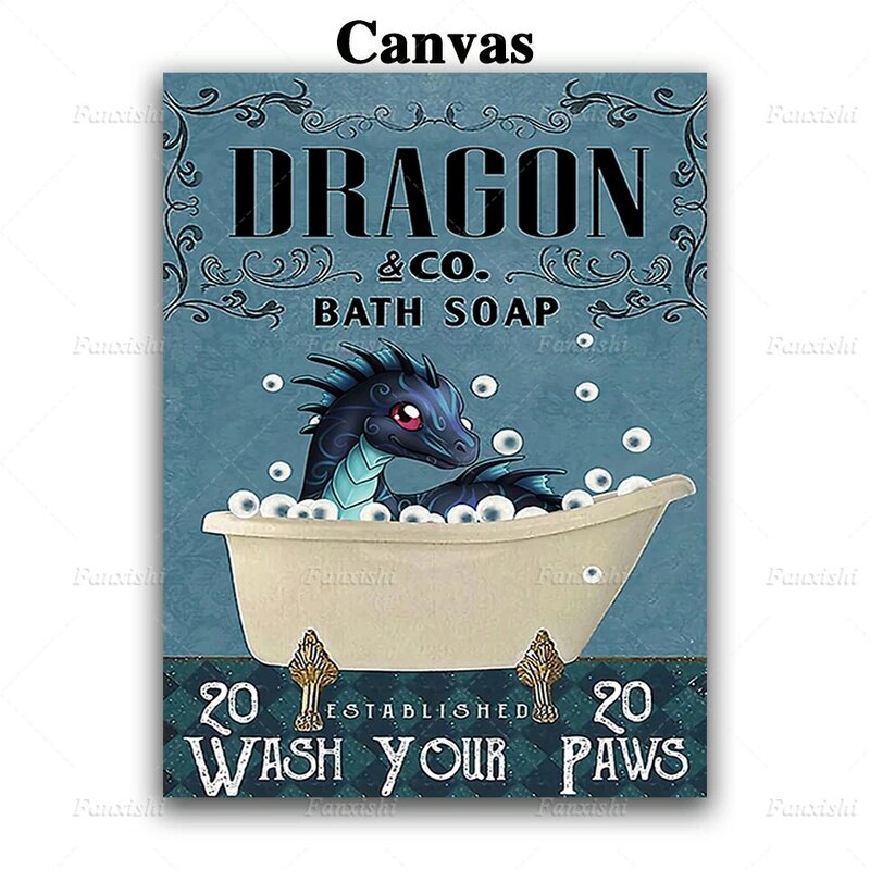 O sabão do banho do dragão lava suas patas posters animais retro arte da parede imprime a pintura da lona fotos modulares toalete, presente da decoração do banheiro
