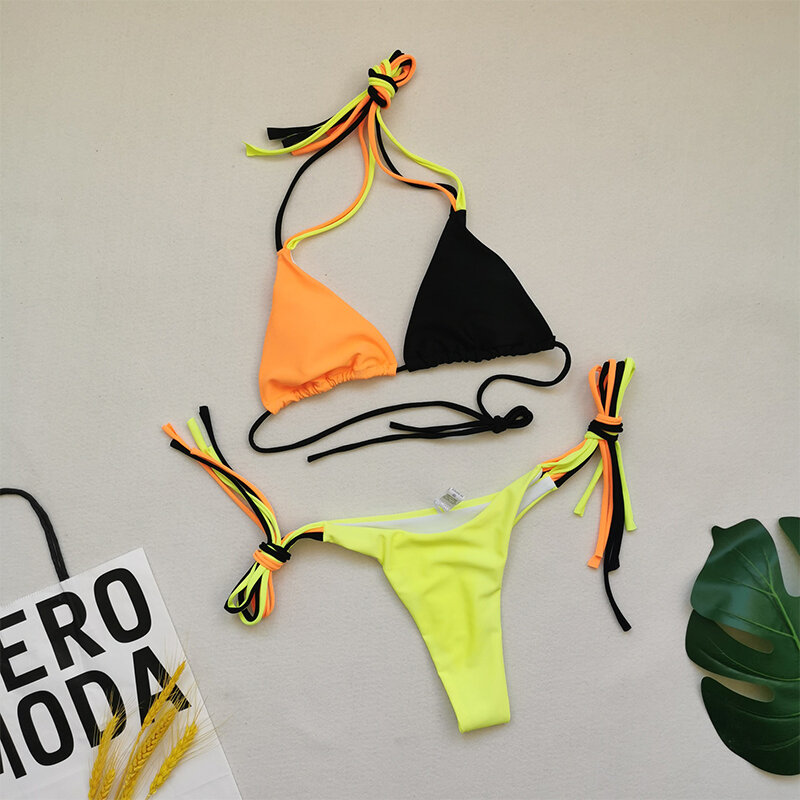 Mossha – maillot de bain brésilien patchwork, Triangle, micro, bikini, ensemble deux pièces, col licou, String, taille haute, vêtements pour la plage, maillots de bain femmes