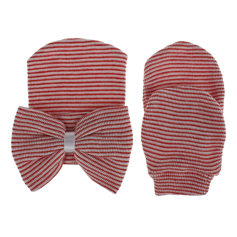 Infantil moda tricô listrado quente chapéu e luvas de duas peças conjunto bonito crochê arcos bebê bonés crianças headwear roupas decoração