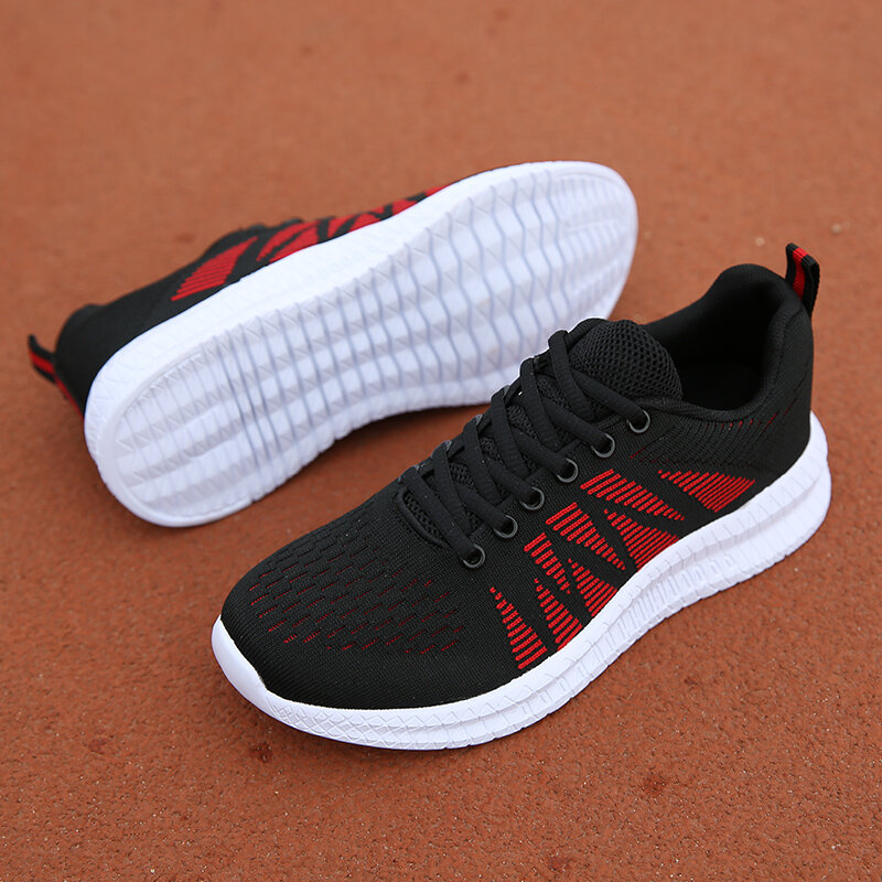 Women and Men Geometry Pattern Running Shoes Couples Flying Weave Breathable Lace Up Sport Shoes Hard-wearing Jogging Sneakers