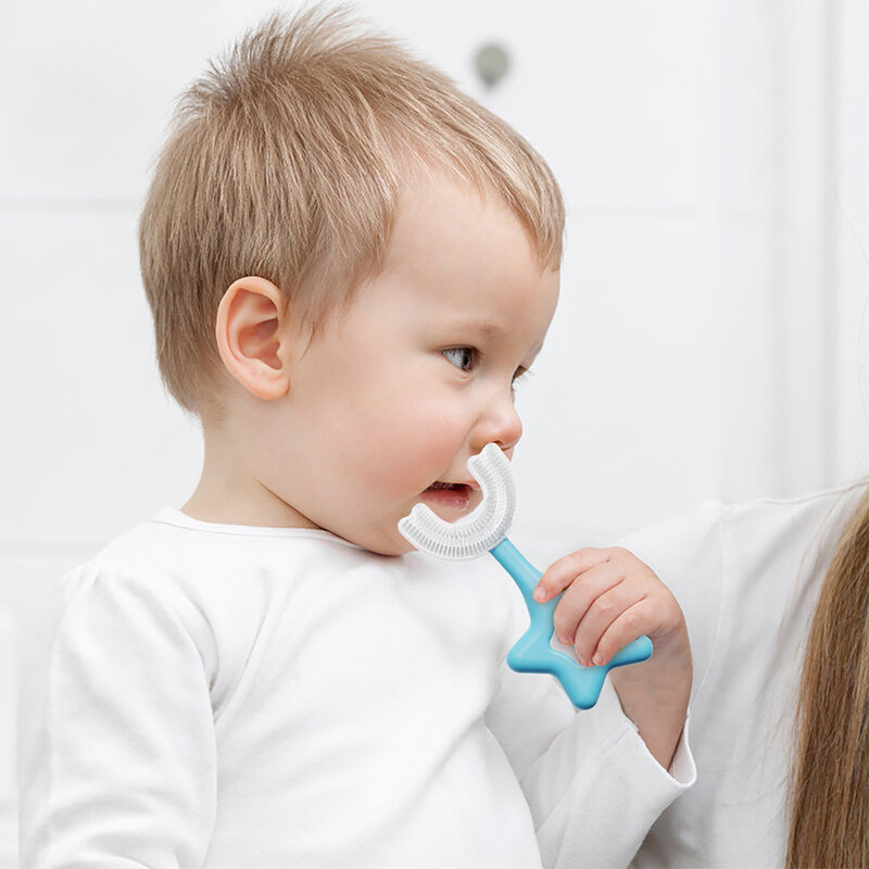 Cepillo de dientes en forma de U para niños pequeños, de silicona, para el cuidado bucal, de mango largo, de 8 a 12 años