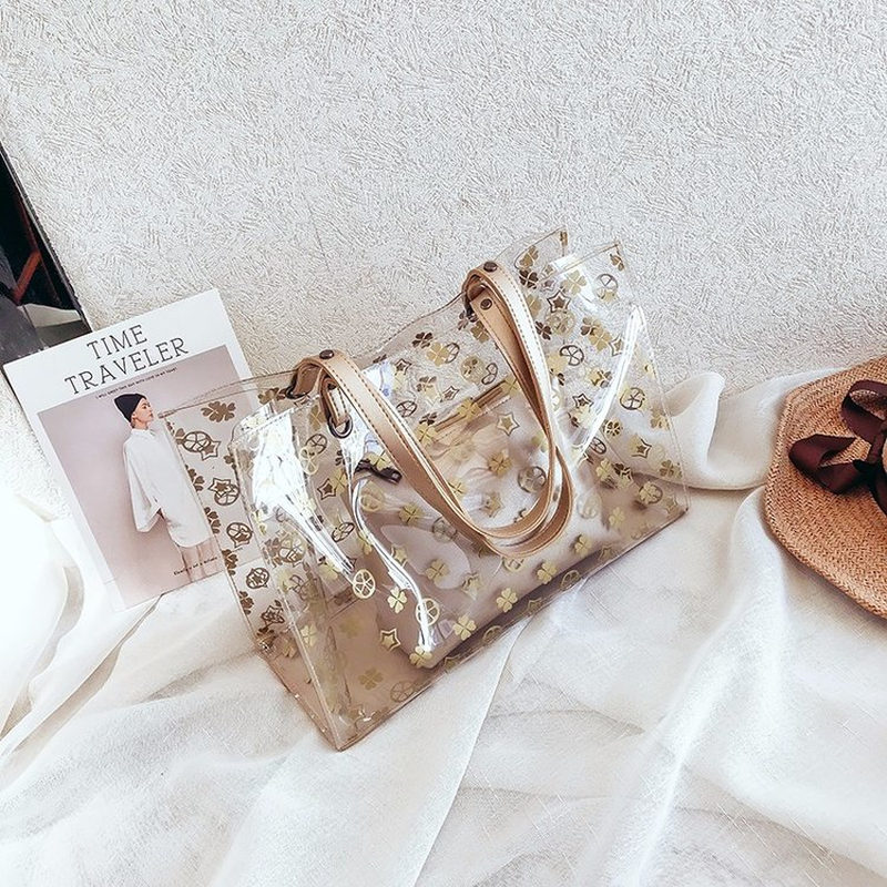 Bolso de verano de PVC para mujer, bolsa pequeña con cremallera interior, transparente, para ir de compras, de viaje, con estampado de flores y Asa de pu, blanco