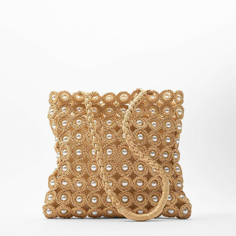 Bolso de mano con decoración de perlas para mujer, bolsa de paja hueca Bohemia, bolso de hombro de mimbre de gran capacidad