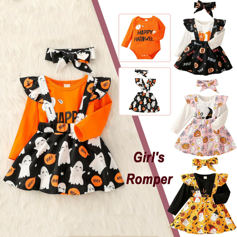 Ropa de otoño para niña, mono de calabaza de Halloween, Tops, falda con tirantes, diadema, traje para niña