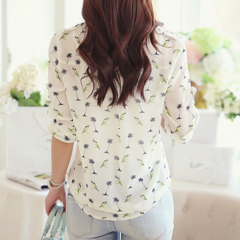 Camisa feminina senhoras blusa t moda casual impressão floral manga chiffon topos longos