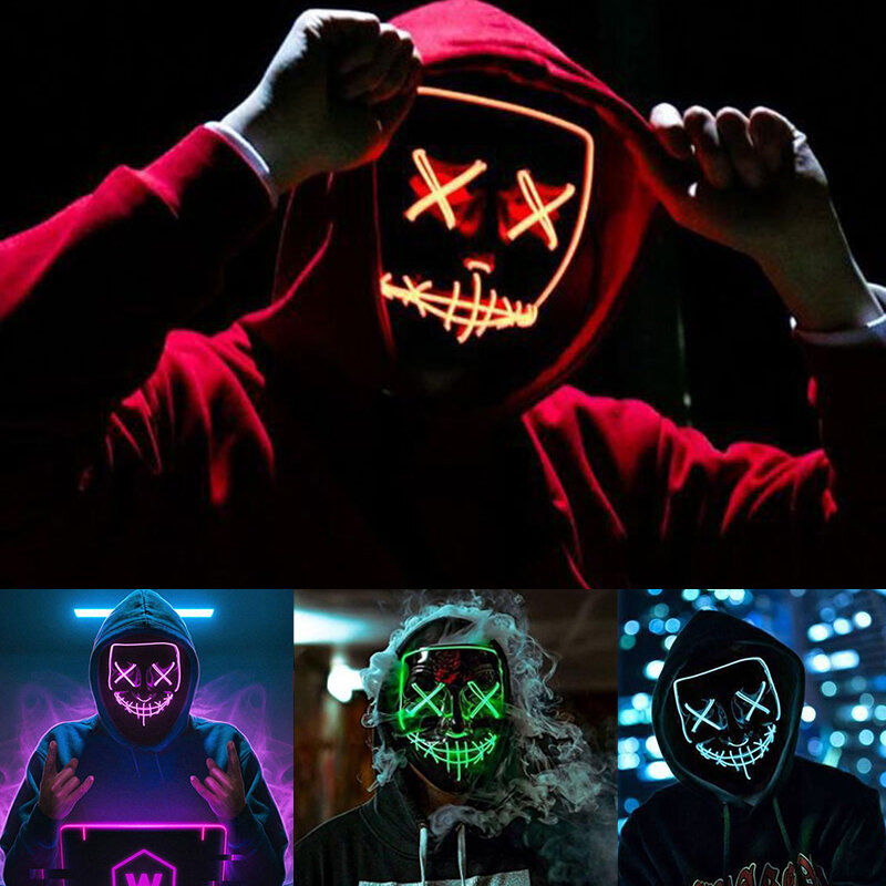Máscara Led brillante para decoración de Halloween, máscara de fiesta, luz de neón que brilla en la oscuridad, decoración de fiesta de Halloween y Horror