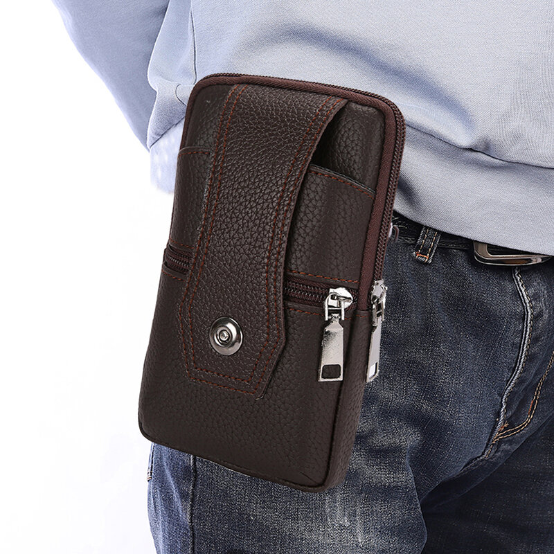 빈티지 솔리드 컬러 PU 가죽 허리 가방, 캐주얼 남성 작은 지갑 휴대 전화 가방 멀티 레이어 동전 지갑 핸드백