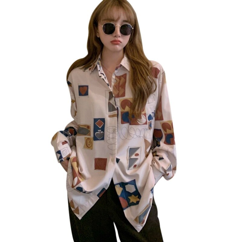 Camisa solta de manga longa e estampa retrô, blusa & camisa de outono feminina com lapela, jaqueta s m g xl